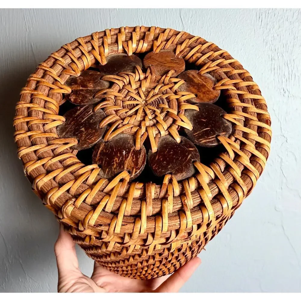 1970s Vintage Philippines Rattan Lidded Basket Coconut Shell Floral Lid Boho